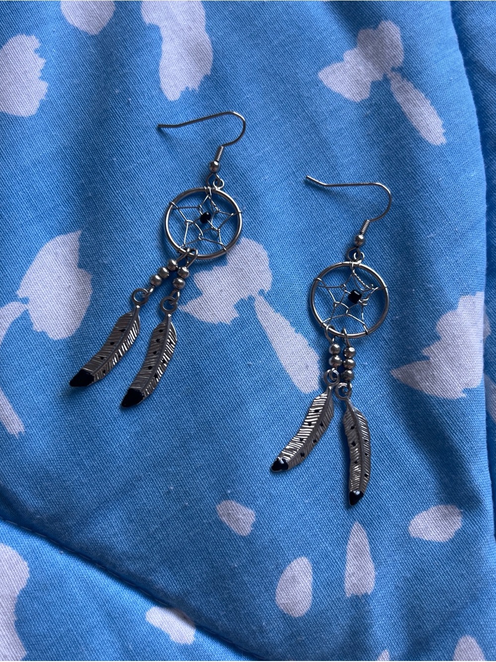 Silver Dreamcatcher Feather Dangle Earrings - Silver